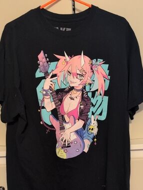 Black Graphic Anime Rocker T-Shirt with Pink & Aqua Print